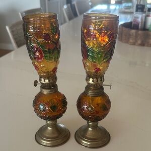 Vintage Amber Glass Oil Lamps